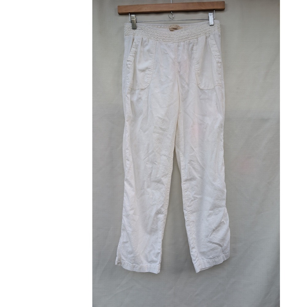 Sonoma Life Style Straight Leg Pants Womens 10 White Linen Blend Smocked Casual